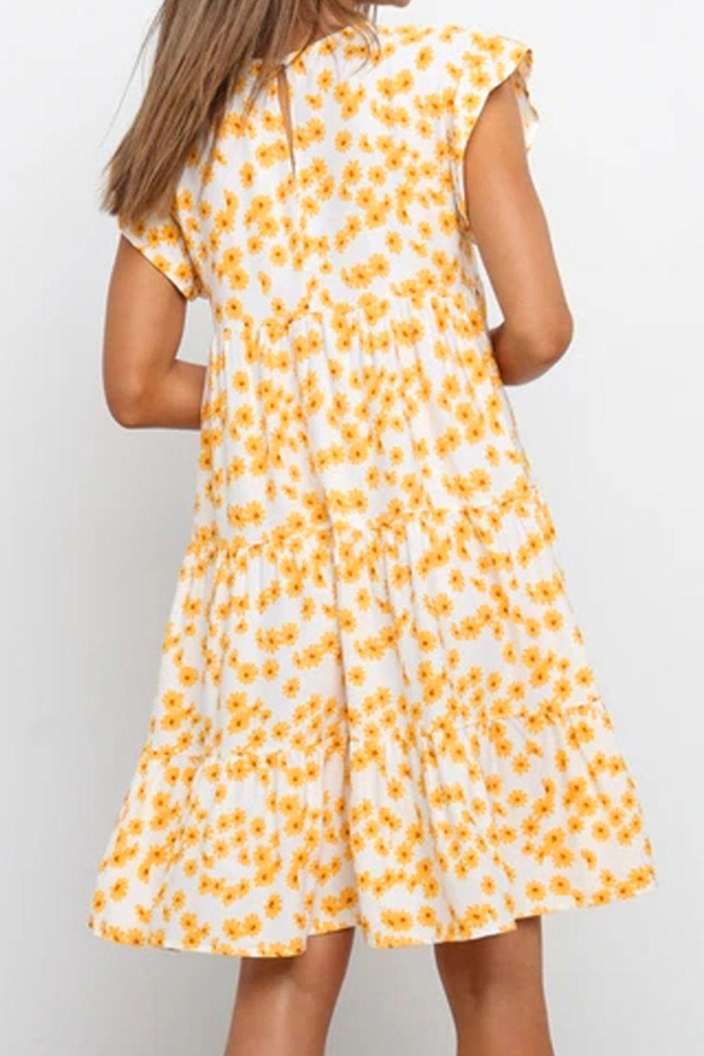 Geblümtes, gestuftes Minikleid mit Rundhalsausschnitt