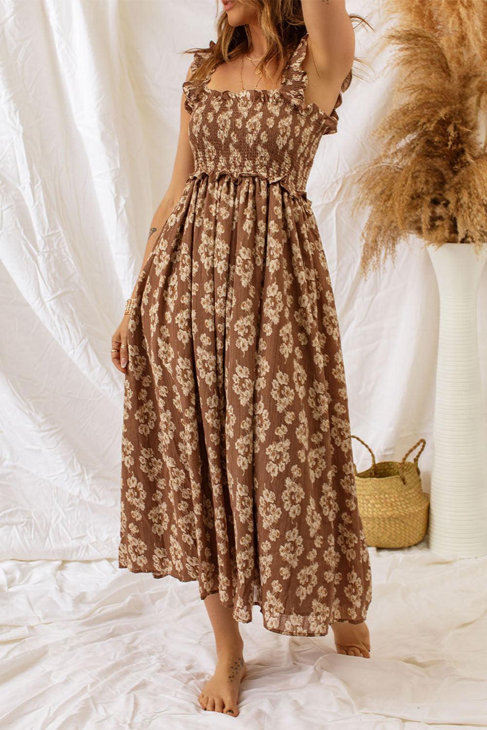 Blue Zone Planet | Floral Smocked Square Neck Dress