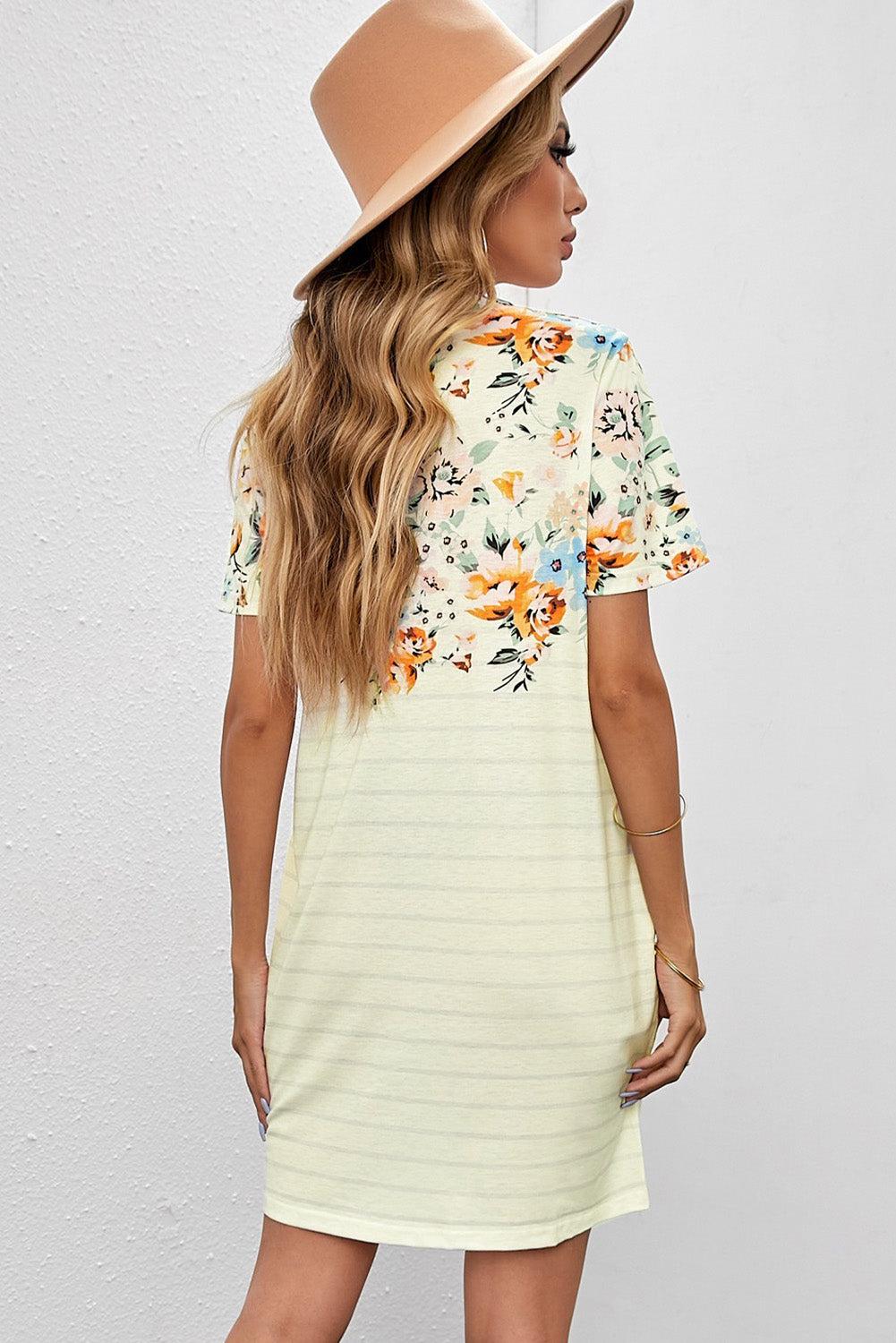 Blue Zone Planet | Floral Striped Short Sleeve Round Neck T-Shirt Dress