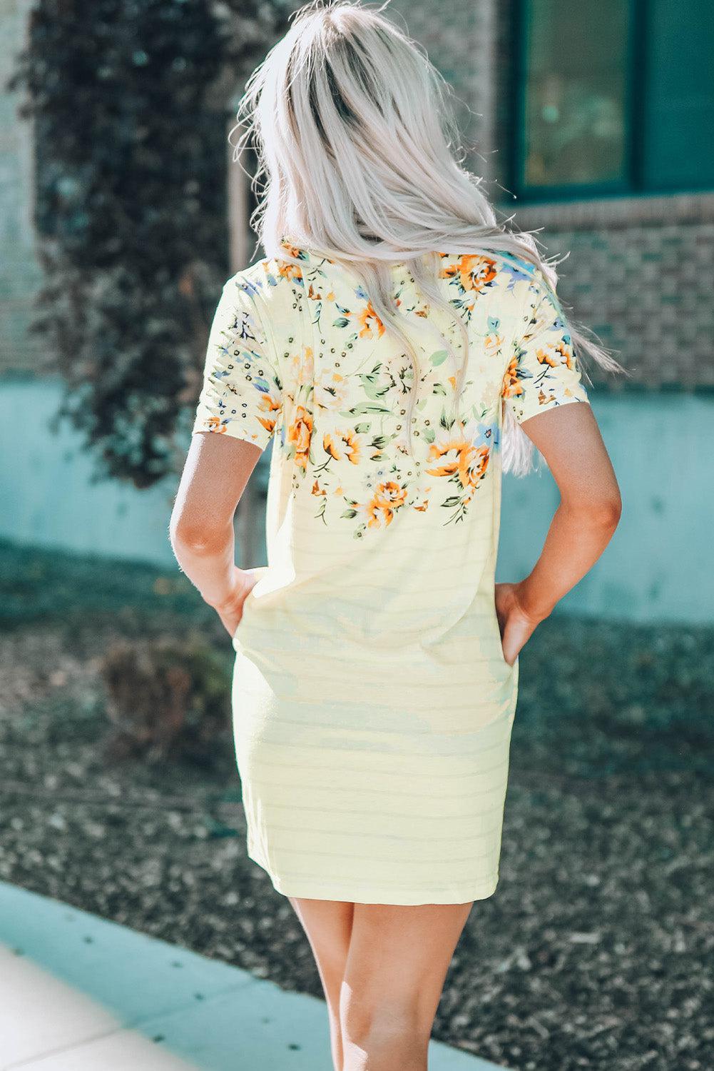 Blue Zone Planet | Floral Striped Short Sleeve Round Neck T-Shirt Dress