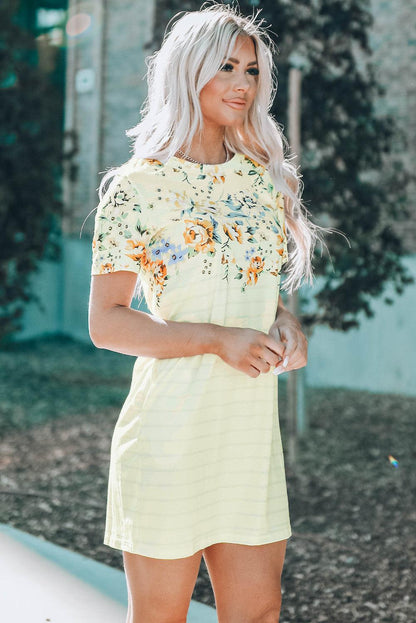 Blue Zone Planet | Floral Striped Short Sleeve Round Neck T-Shirt Dress