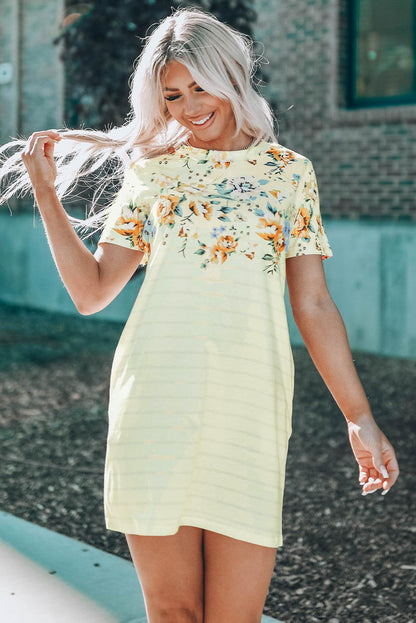 Blue Zone Planet | Floral Striped Short Sleeve Round Neck T-Shirt Dress