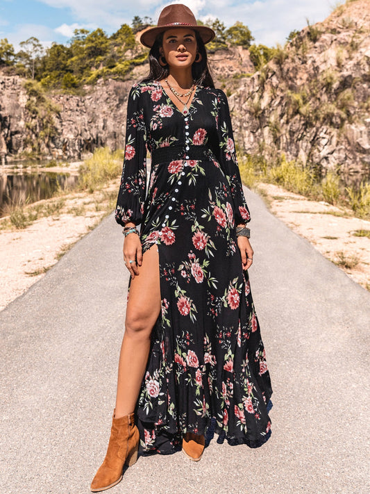 Blue Zone Planet | Floral V-Neck Split Maxi Dress