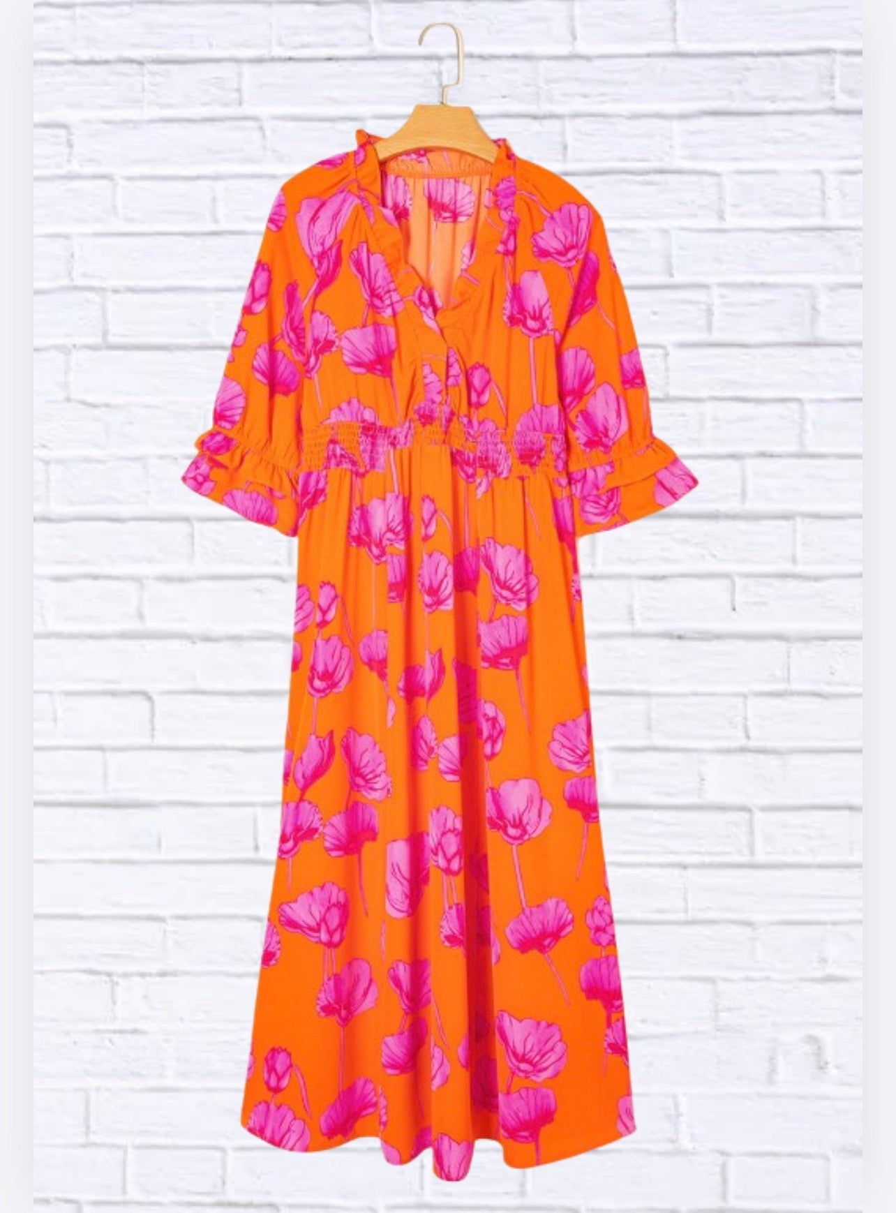 Floral Pink and Orange Frilly Smocked V-Neck Maxi Dress
