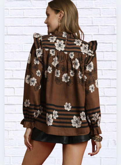 Umgee Full Size Mix Floral Smocked Ruffle Blouse Plus Size