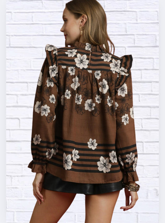 Umgee Full Size Mix Floral Smocked Ruffle Blouse Plus Size