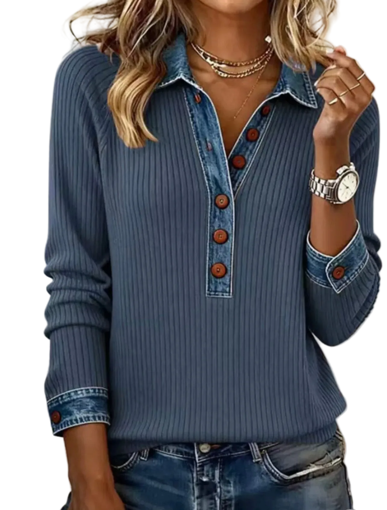 Full Size Denim Trim Button Front Ribbed Knit Top Plus Size