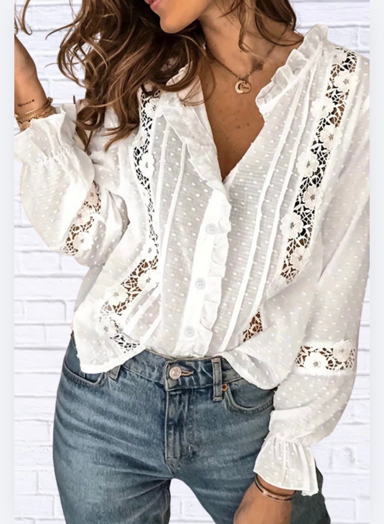 Lace Trimmed Swiss Dot Shirt