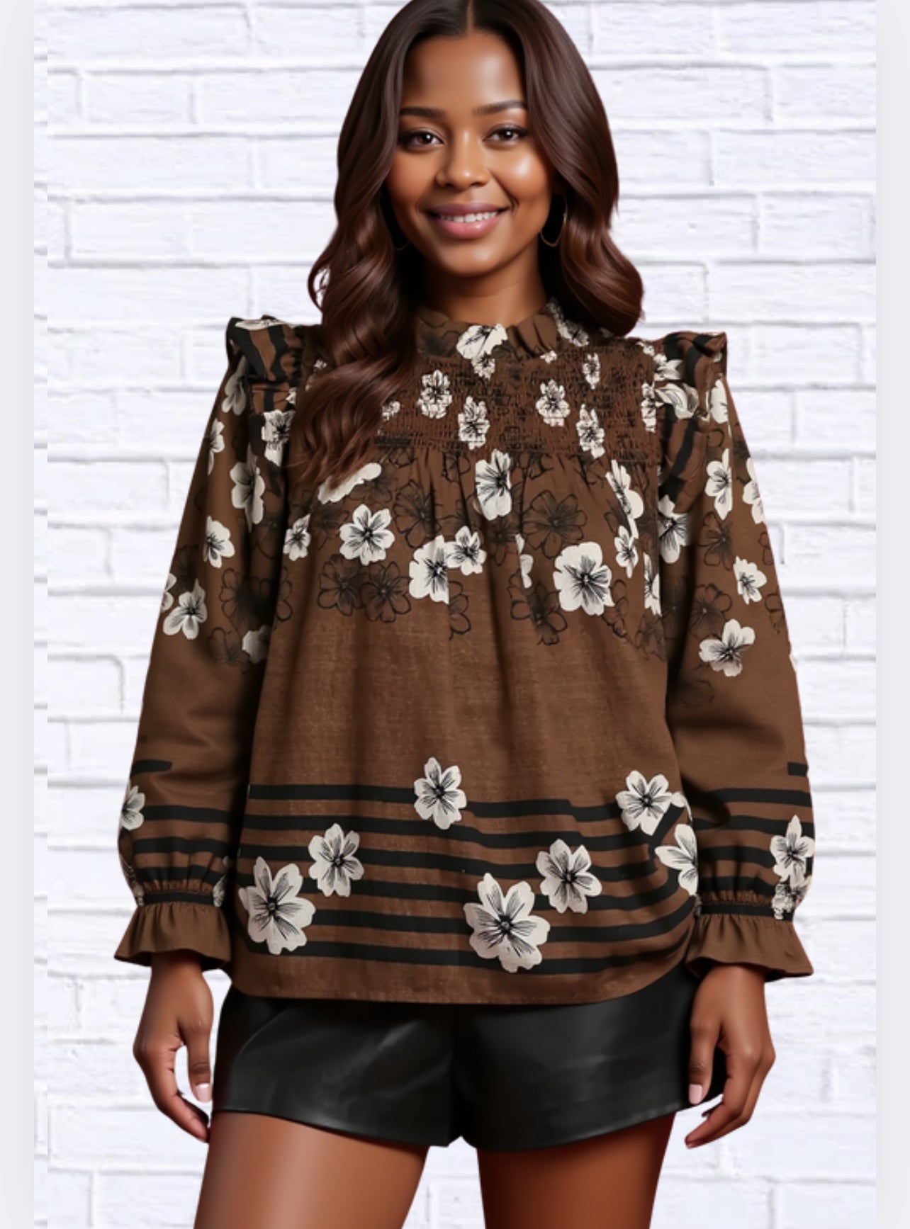 Umgee Full Size Mix Floral Smocked Ruffle Blouse Plus Size