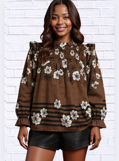 Umgee Full Size Mix Floral Smocked Ruffle Blouse Plus Size