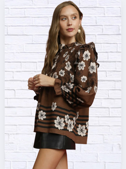 Umgee Full Size Mix Floral Smocked Ruffle Blouse Plus Size