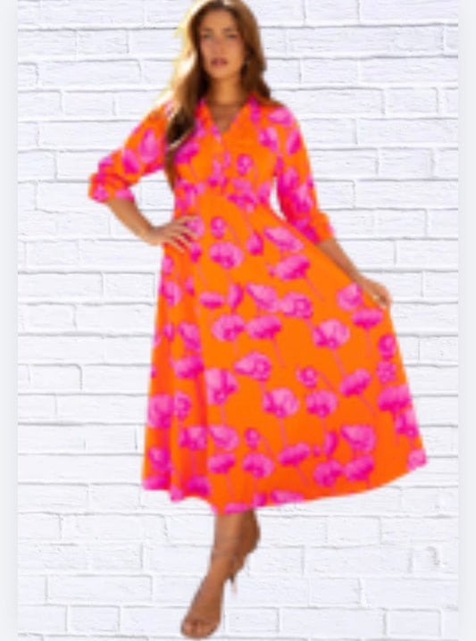 Floral Pink and Orange Frilly Smocked V-Neck Maxi Dress