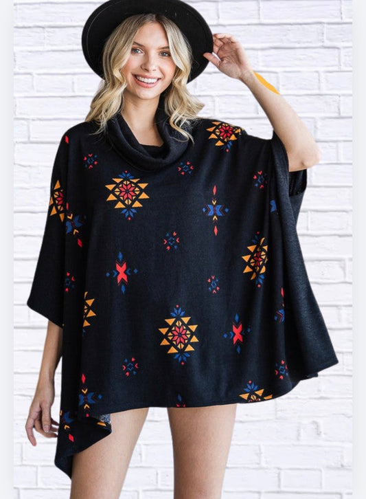 AZTEC PRINT COWL NECK OVERSIZED PONCHO