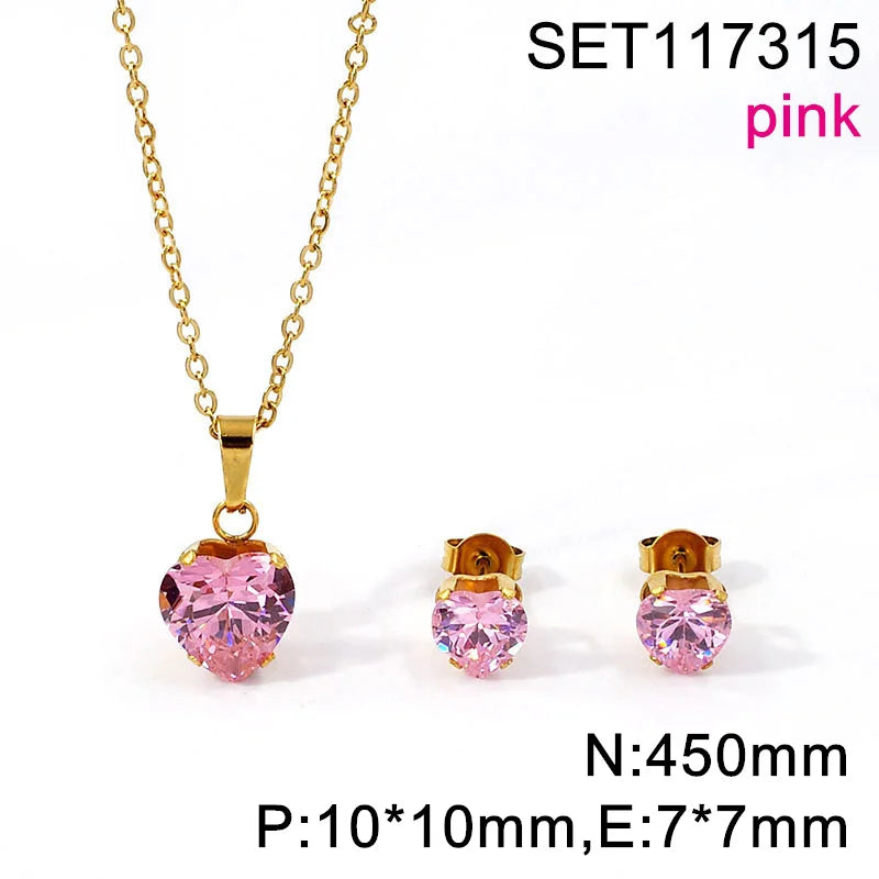 Non Tarnish Waterproof Love Heart Cubic Zirconia Necklace Earrings Sets