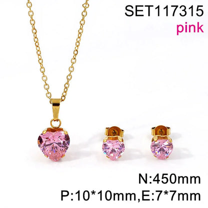 Non Tarnish Waterproof Love Heart Cubic Zirconia Necklace Earrings Sets