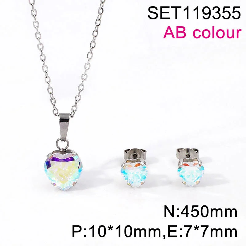 Non Tarnish Waterproof Love Heart Cubic Zirconia Necklace Earrings Sets
