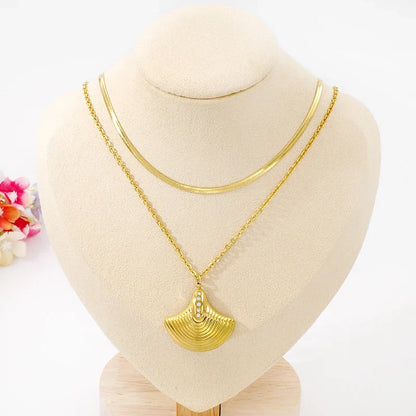 18K Gold Plated Diamond Shell Layered Chain Necklace Earrings Set