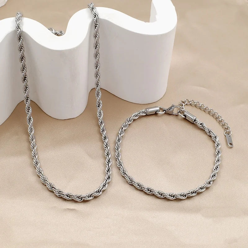 18K Gold Plated Twisted Rope Chain Like Necklace and Bracelet Sets