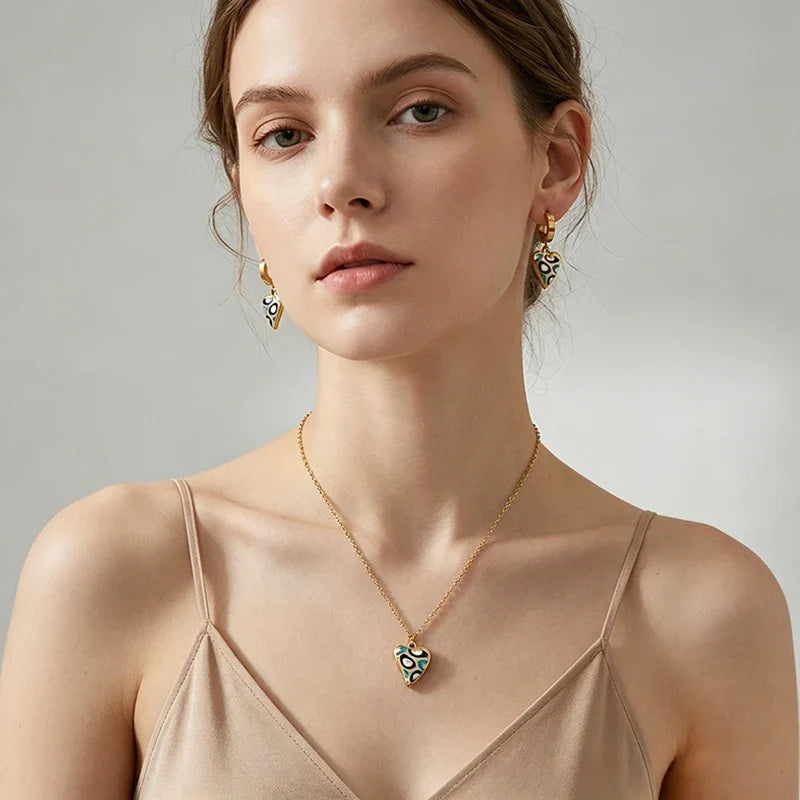 Flower Enamel Heart Charms Layered Chain and Earrings Set
