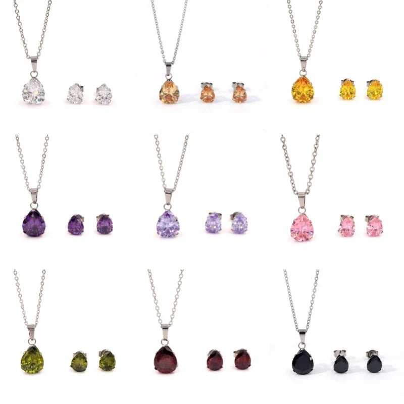 Waterdrop Multi-Color Zircon Birthstone Necklace and Earrings Sets