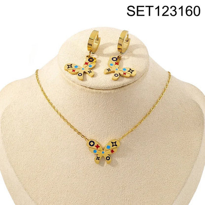 Flower Enamel Heart Charms Layered Chain and Earrings Set