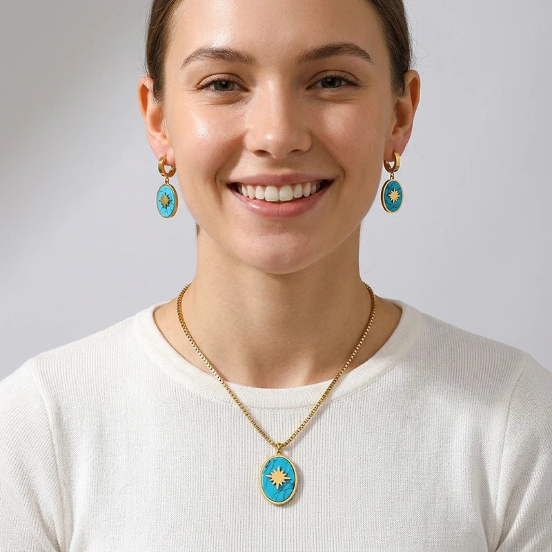 Flower Enamel Heart Charms Layered Chain and Earrings Set