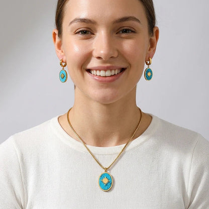 Flower Enamel Heart Charms Layered Chain and Earrings Set