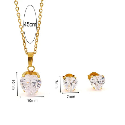 Non Tarnish Waterproof Love Heart Cubic Zirconia Necklace Earrings Sets