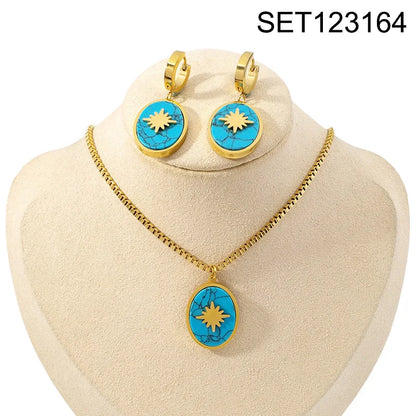 Flower Enamel Heart Charms Layered Chain and Earrings Set