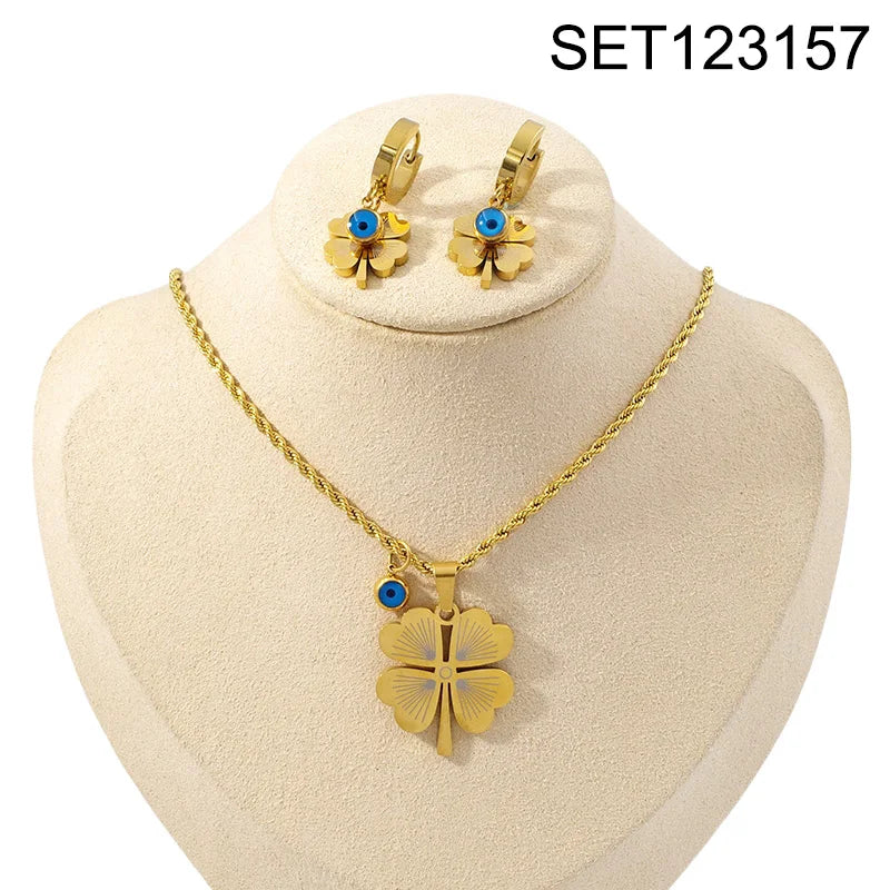 Flower Enamel Heart Charms Layered Chain and Earrings Set