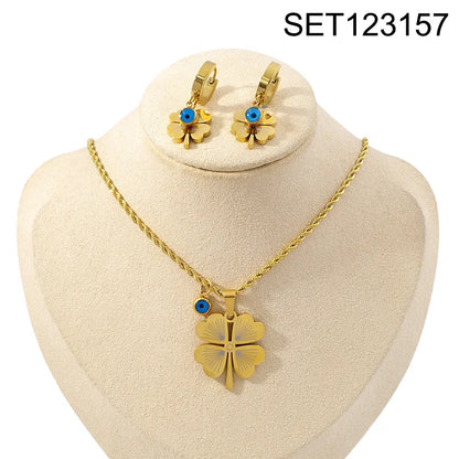 Flower Enamel Heart Charms Layered Chain and Earrings Set