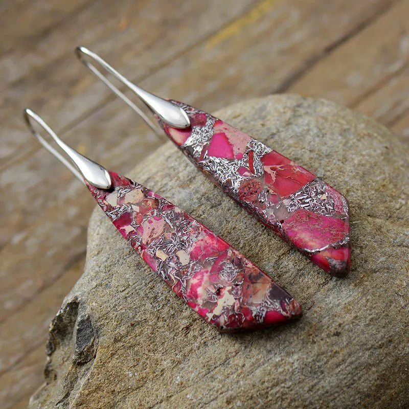 Imperial Jasper Leaf Pendant Dangle Drop Earrings Jewelry