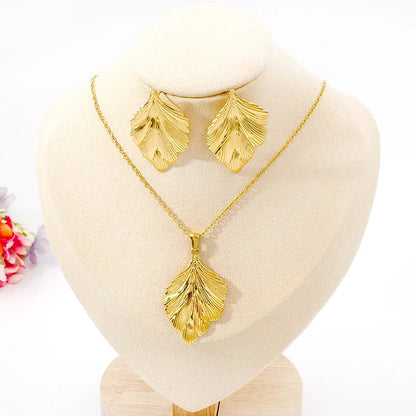 Leaf Pendant Link Chain Necklace and Earrings Sets