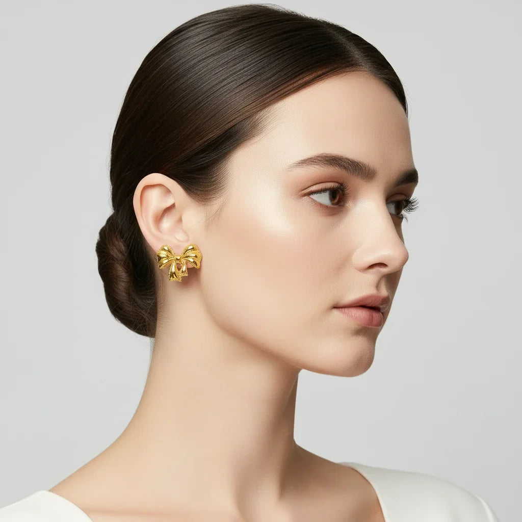 Luxury Designer Gold Plated Bowknot Stud Earrings