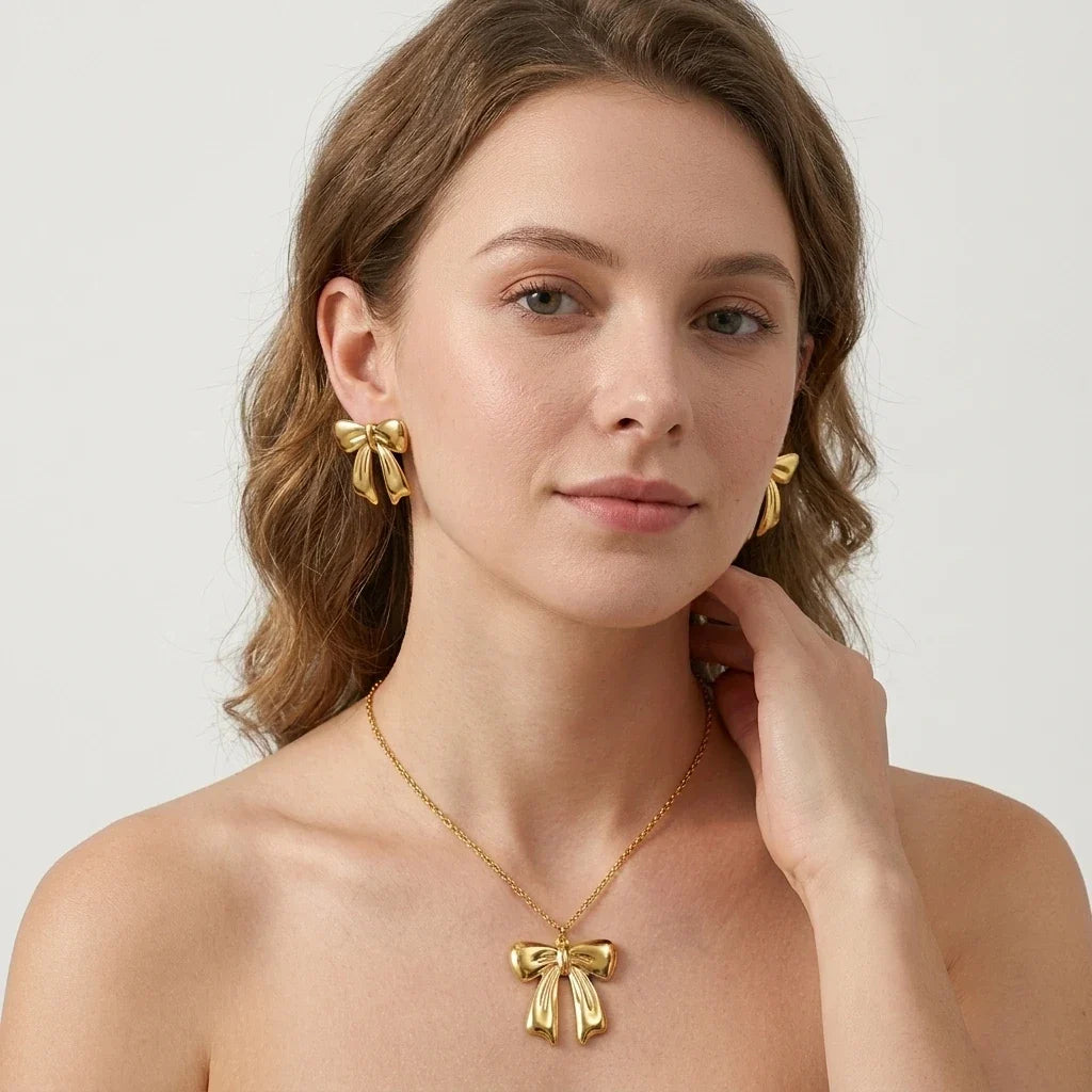 Luxury Bowknot Charms Necklace Earrings Sets Women