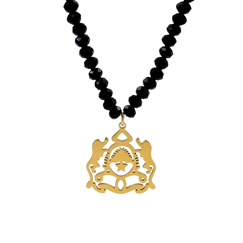 Black Bead 18K Gold Plated Emblem Necklace & Bracelet