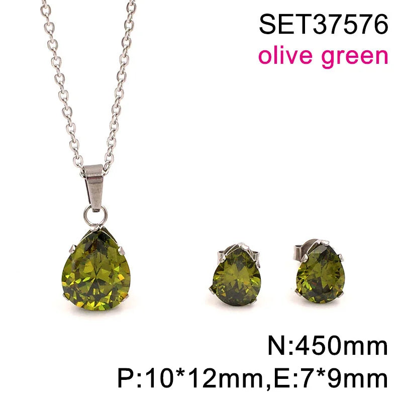 Waterdrop Multi-Color Zircon Birthstone Necklace and Earrings Sets