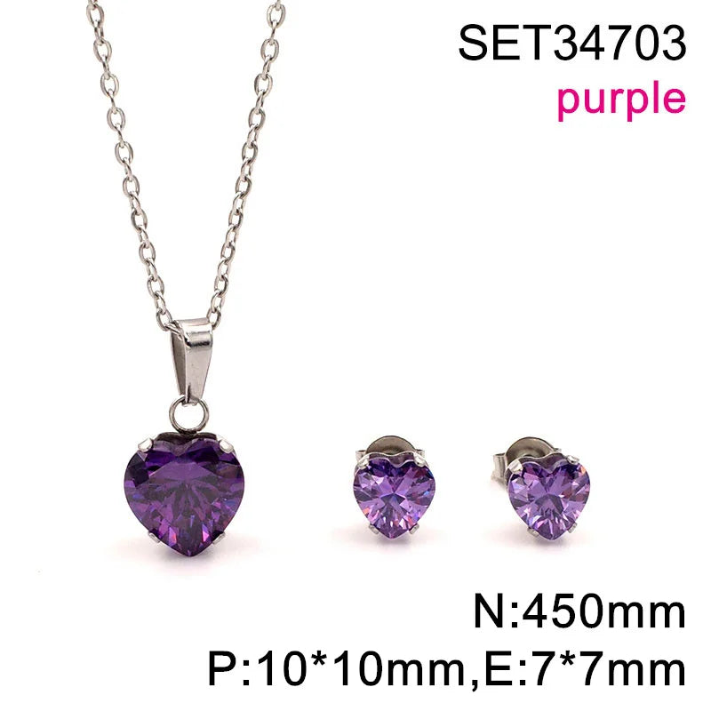 Non Tarnish Waterproof Love Heart Cubic Zirconia Necklace Earrings Sets