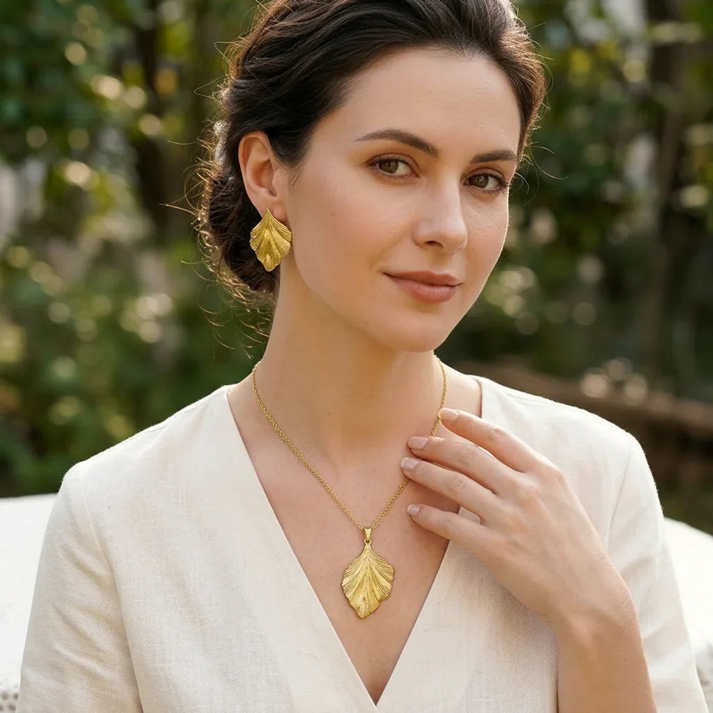 Leaf Pendant Link Chain Necklace and Earrings Sets