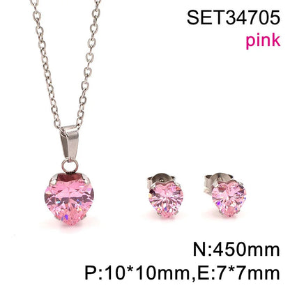 Non Tarnish Waterproof Love Heart Cubic Zirconia Necklace Earrings Sets