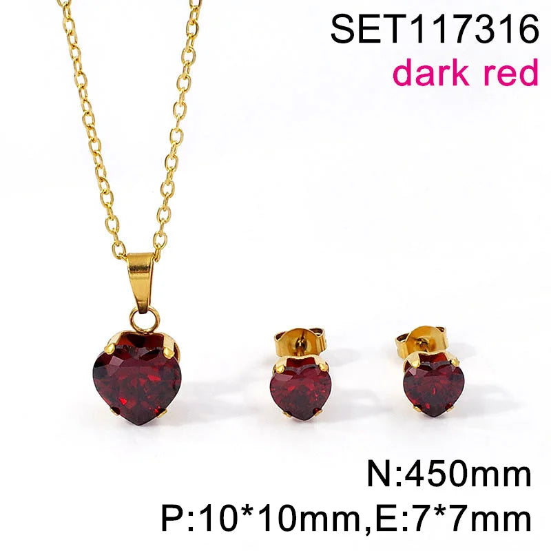 Non Tarnish Waterproof Love Heart Cubic Zirconia Necklace Earrings Sets