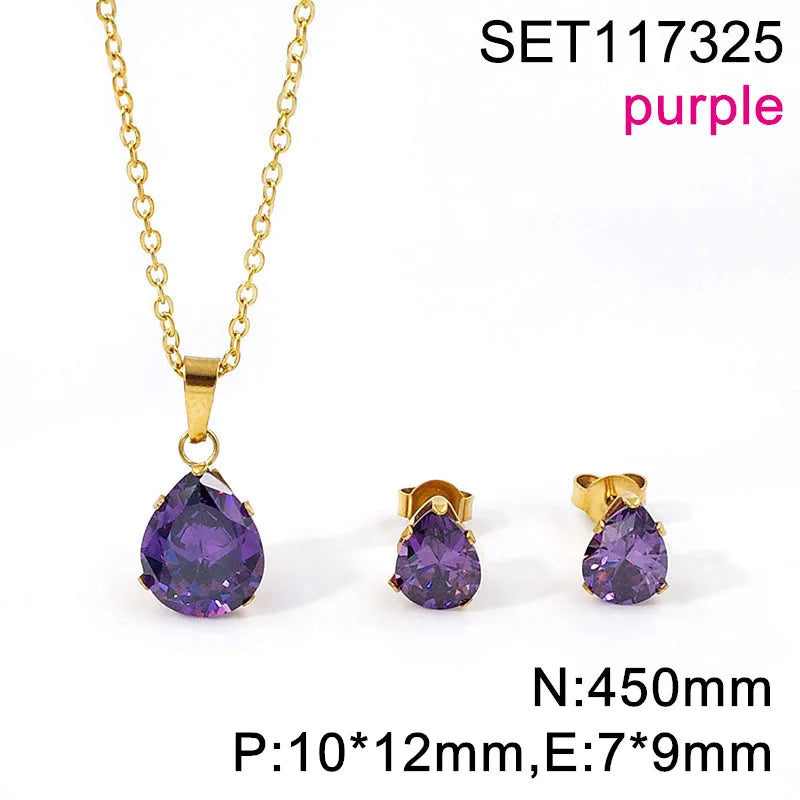 Waterdrop Multi-Color Zircon Birthstone Necklace and Earrings Sets