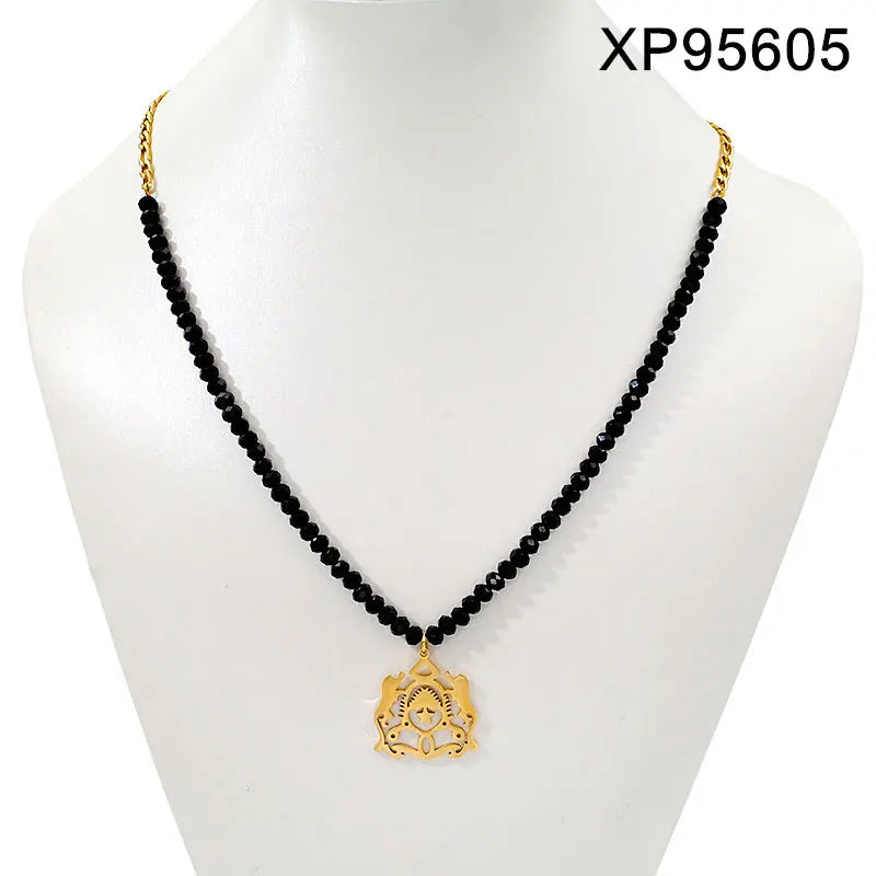 Black Bead 18K Gold Plated Emblem Necklace & Bracelet