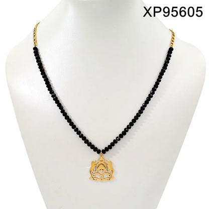 Black Bead 18K Gold Plated Emblem Necklace & Bracelet