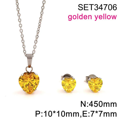 Non Tarnish Waterproof Love Heart Cubic Zirconia Necklace Earrings Sets