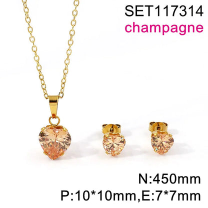 Non Tarnish Waterproof Love Heart Cubic Zirconia Necklace Earrings Sets