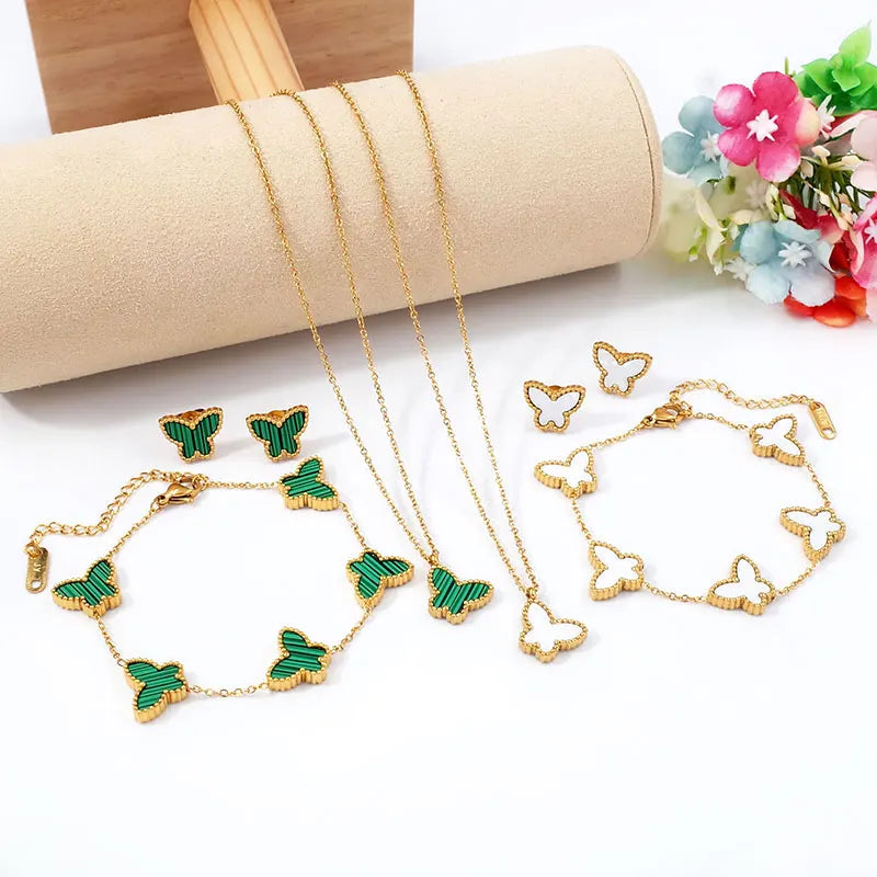 18K Gold Plated Butterfly Charms Necklace Bracelet Earrings Sets