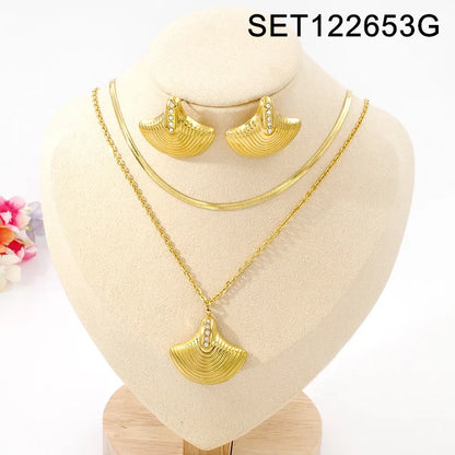 18K Gold Plated Diamond Shell Layered Chain Necklace Earrings Set