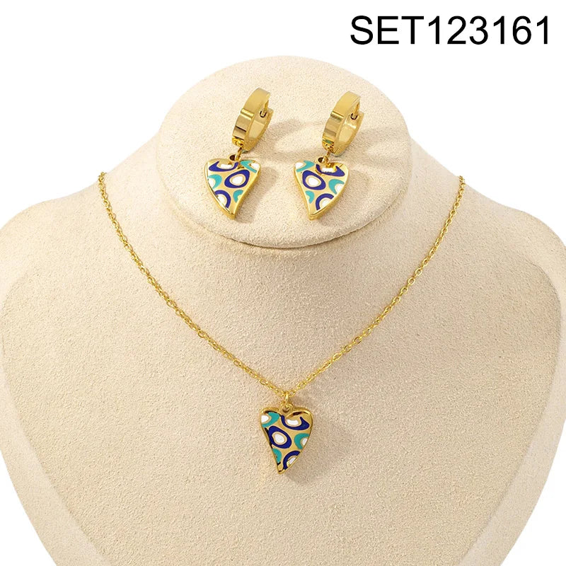 Flower Enamel Heart Charms Layered Chain and Earrings Set