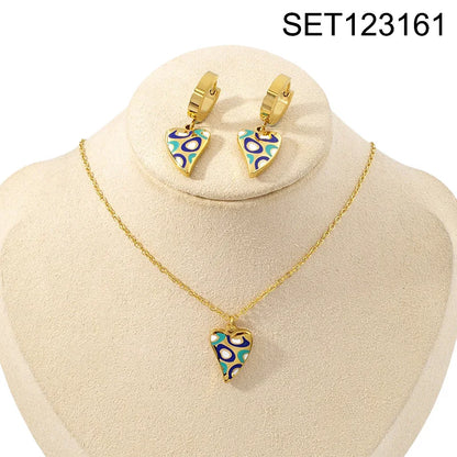 Flower Enamel Heart Charms Layered Chain and Earrings Set